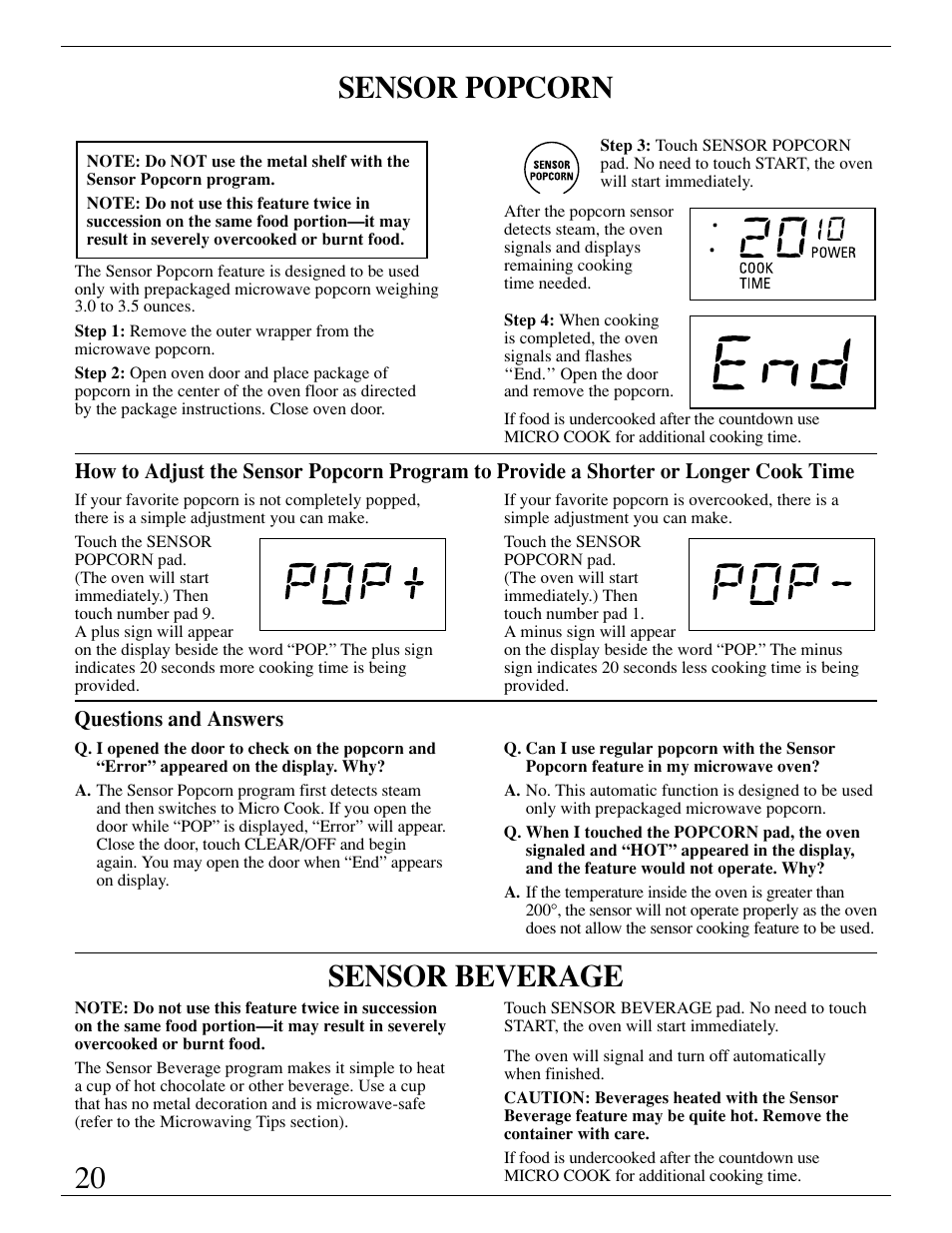 Sensor beverage, Sensor popcorn | GE Monogram ZMC1095 User Manual | Page 20 / 36