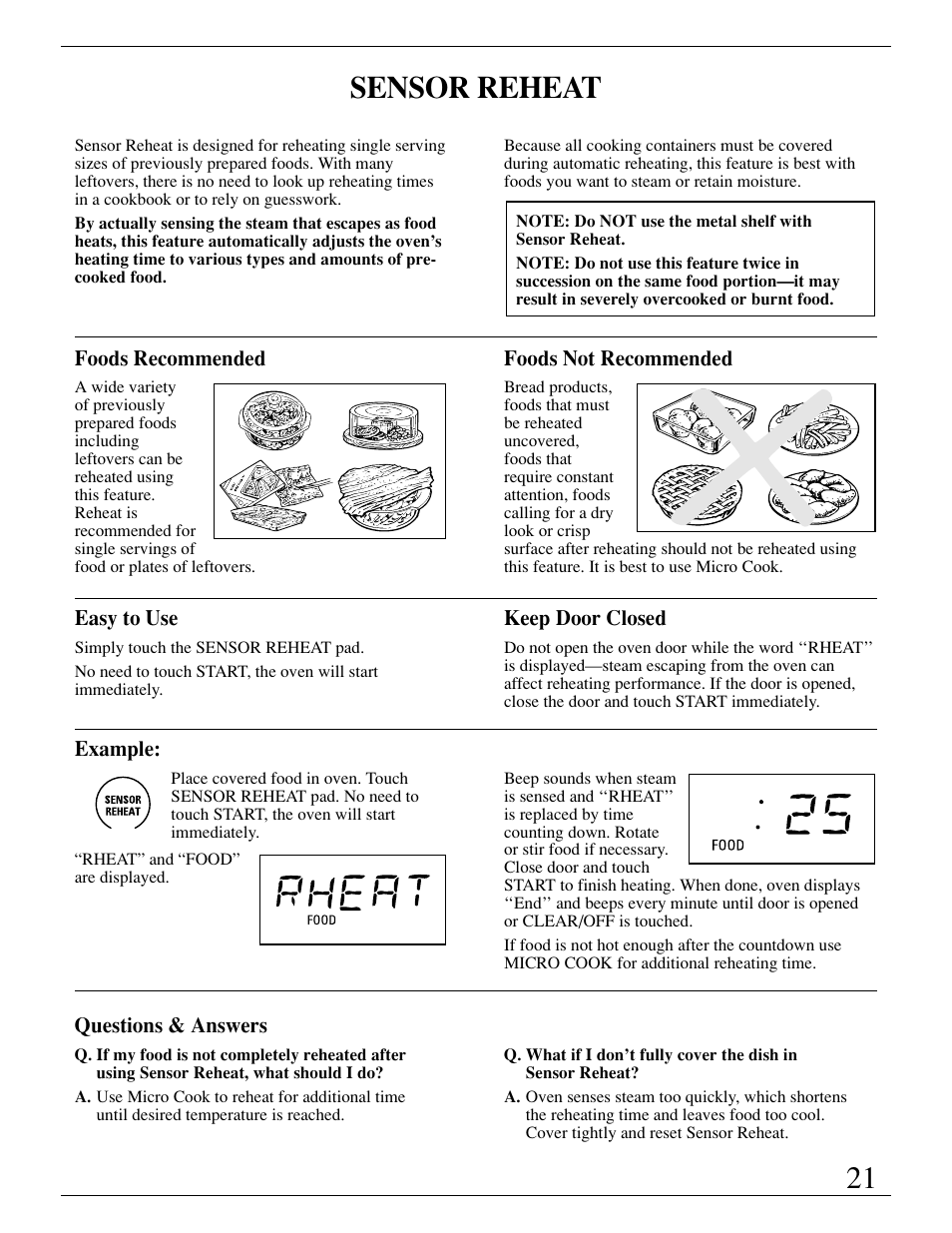 Sensor reheat, Sensor reheat , 23 | GE Monogram ZMC1095 User Manual | Page 21 / 36