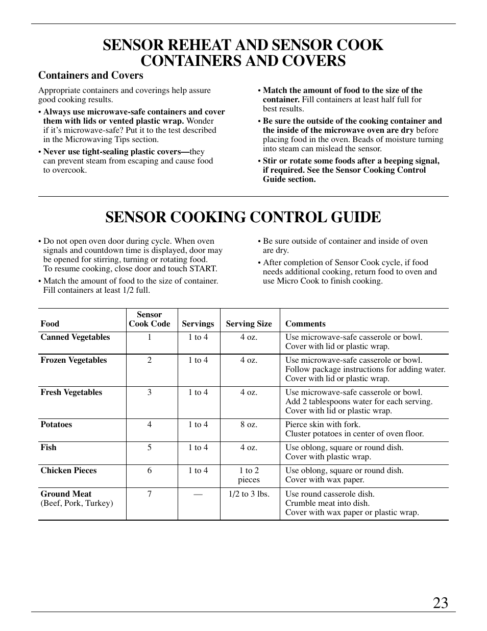 Sensor cooking control guide | GE Monogram ZMC1095 User Manual | Page 23 / 36