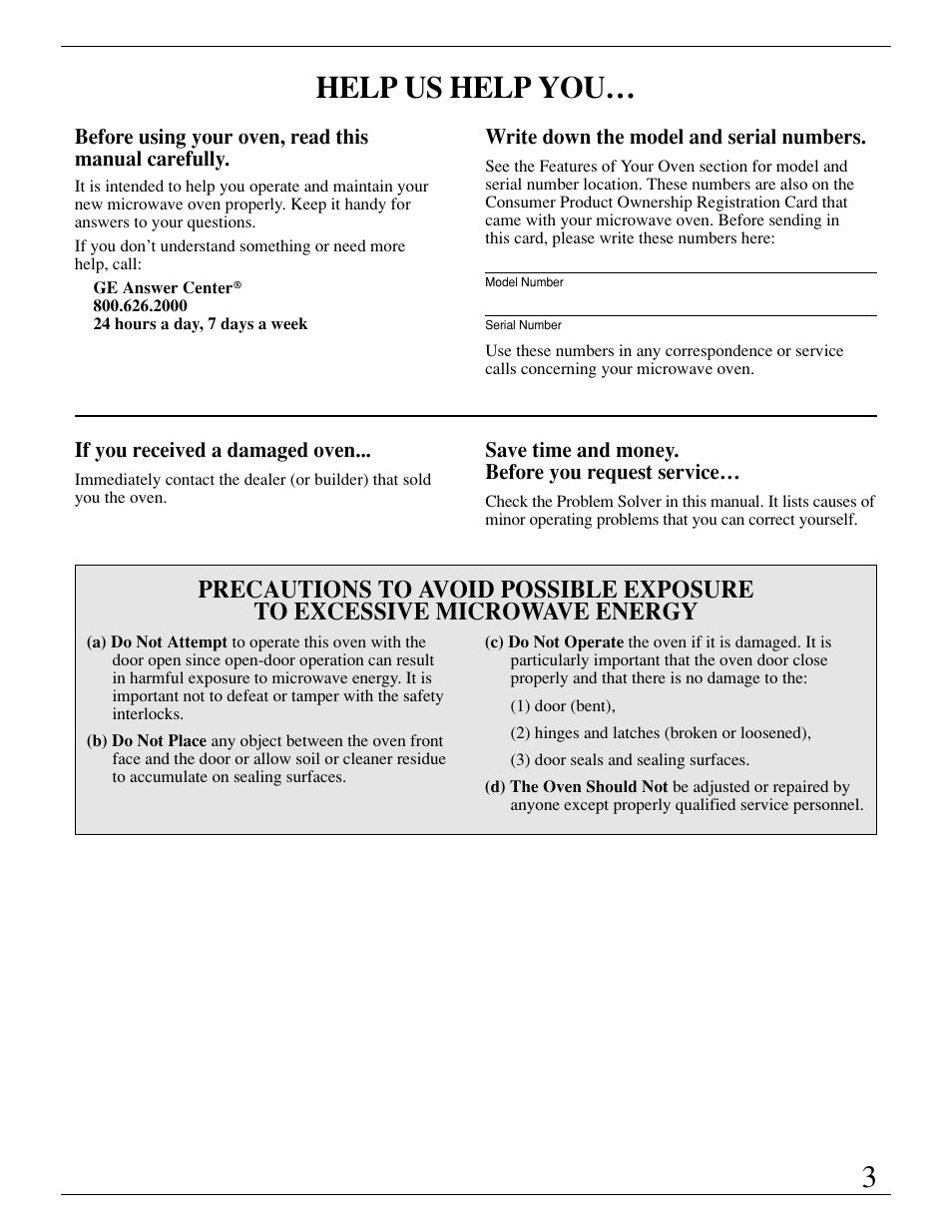 Appliance registration, Precautions to avoid possible exposure, Help us help you | GE Monogram ZMC1095 User Manual | Page 3 / 36