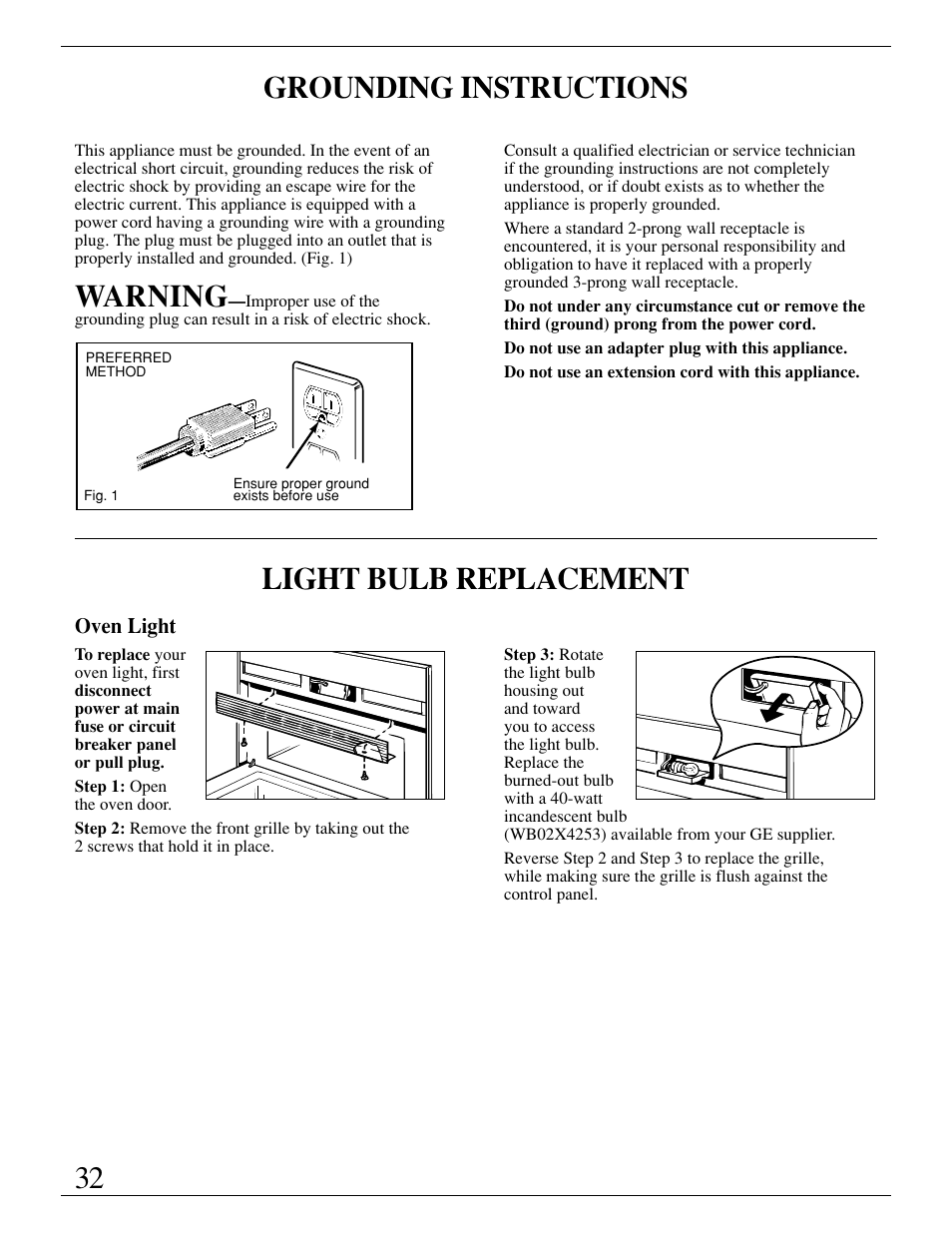 Adapter plugs, Extension cords, Grounding instructions | Light bulb replacement, 32 grounding instructions, Warning | GE Monogram ZMC1095 User Manual | Page 32 / 36