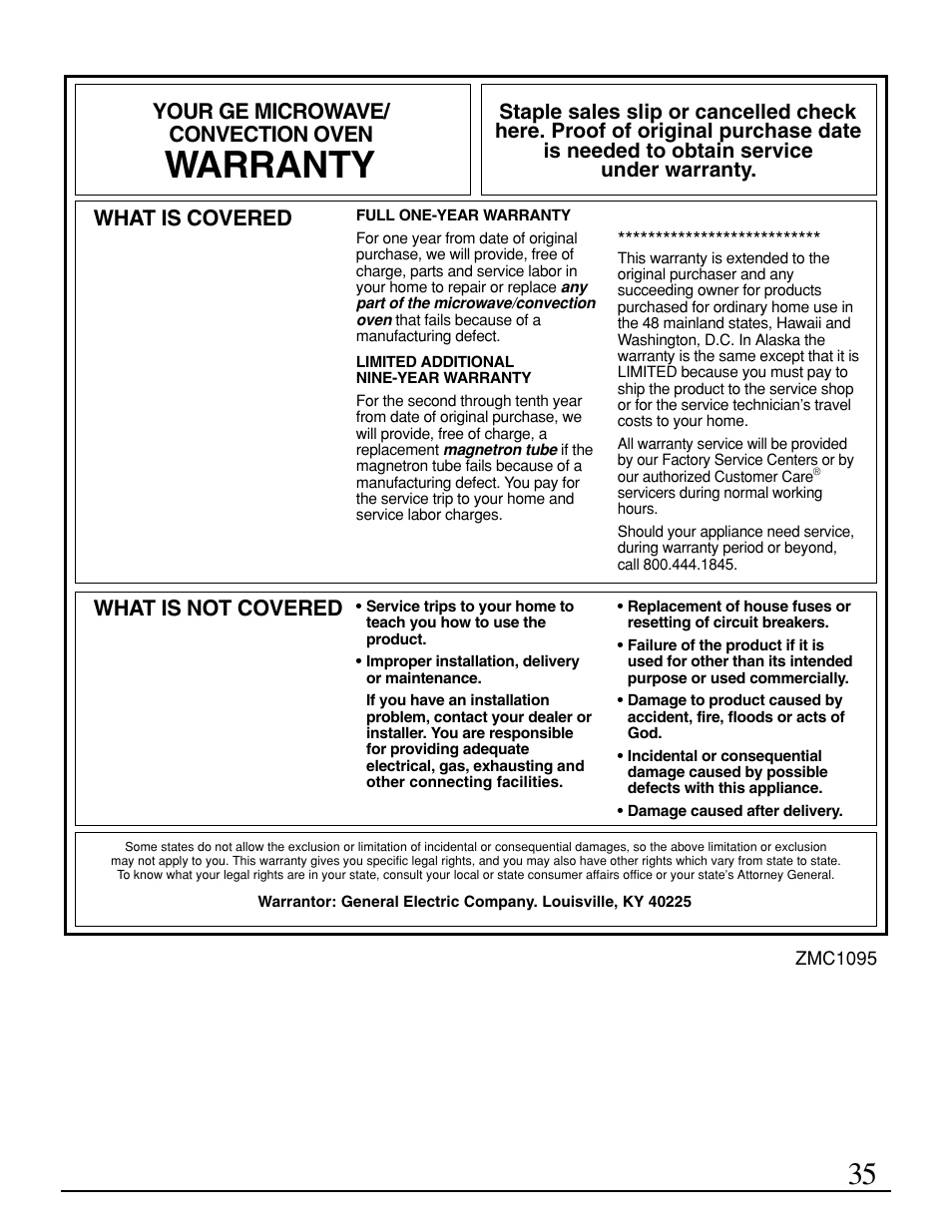 Warranty, What is covered, What is not covered | Your ge microwave/ convection oven | GE Monogram ZMC1095 User Manual | Page 35 / 36