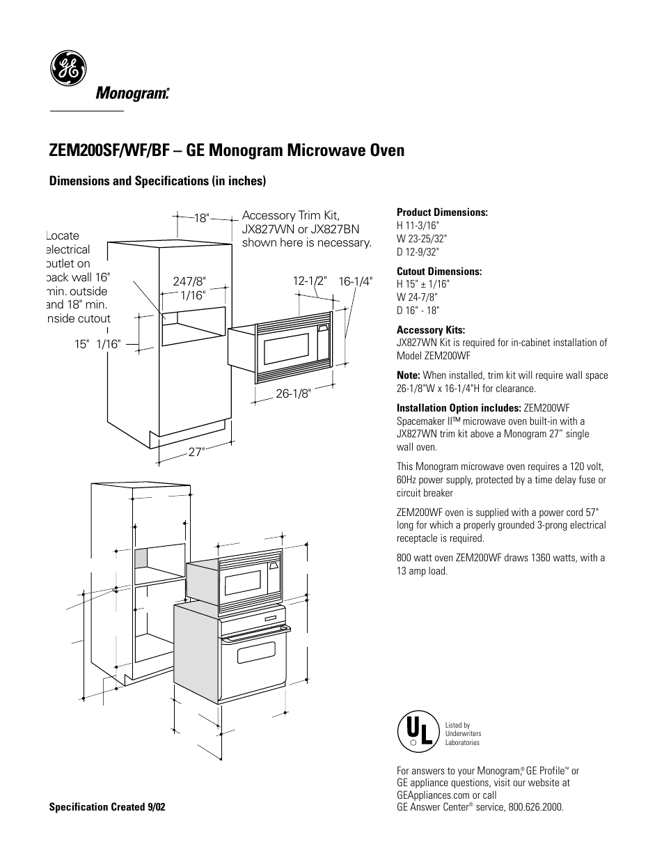 GE Monogram ZEM200SF User Manual | 2 pages