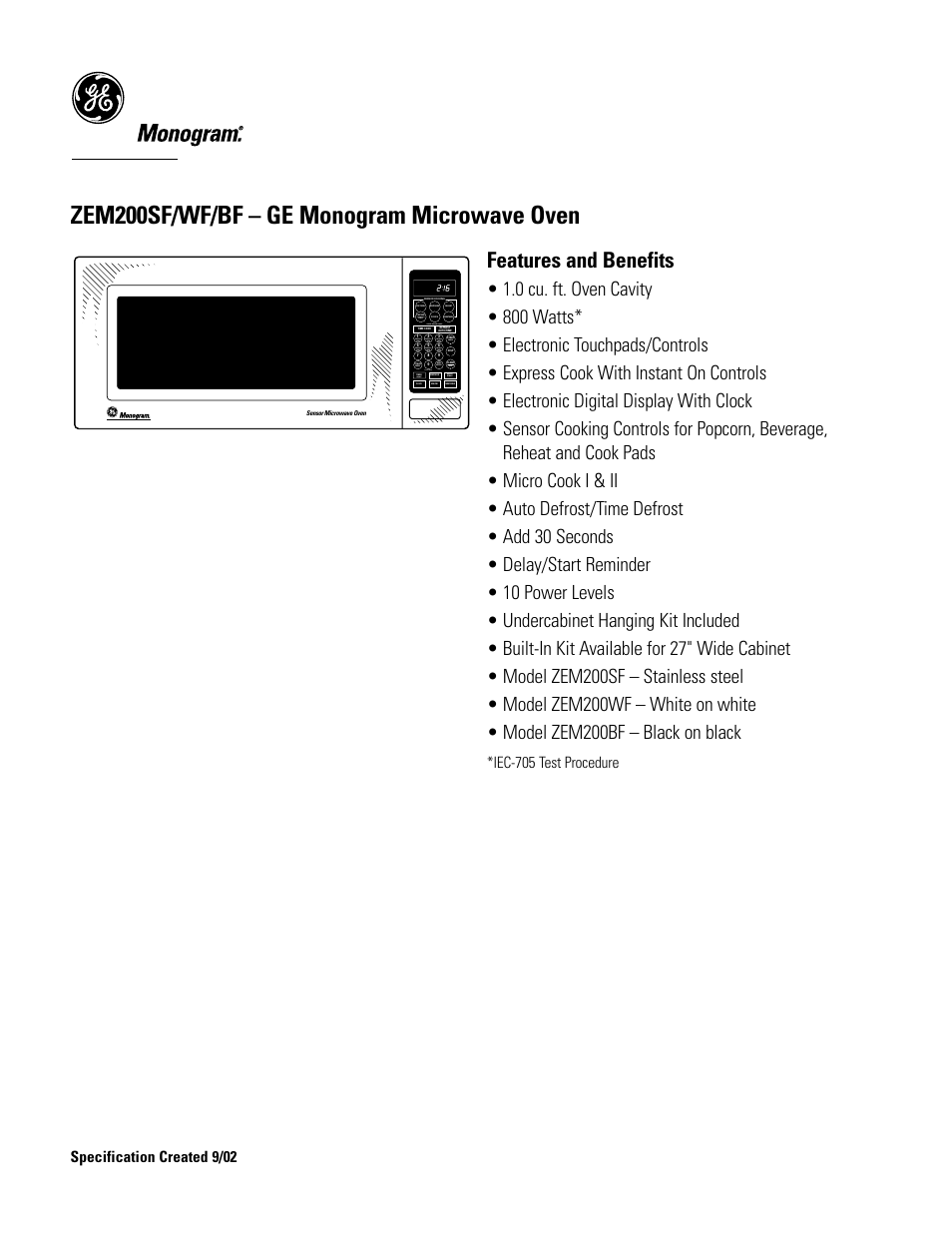 Zem200sf/wf/bf – ge monogram microwave oven, Features and benefits, Specification created 9/02 | Iec-705 test procedure, Guide behind door, Express cook, Express cook display on/off, Pause, On/off | GE Monogram ZEM200SF User Manual | Page 2 / 2