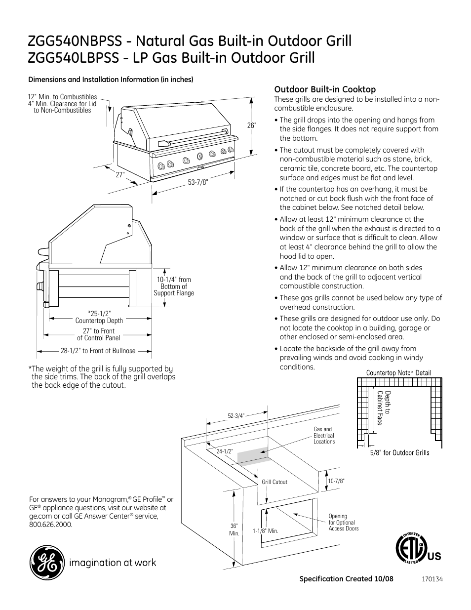 GE Monogram ZGG540LBPSS User Manual | 2 pages