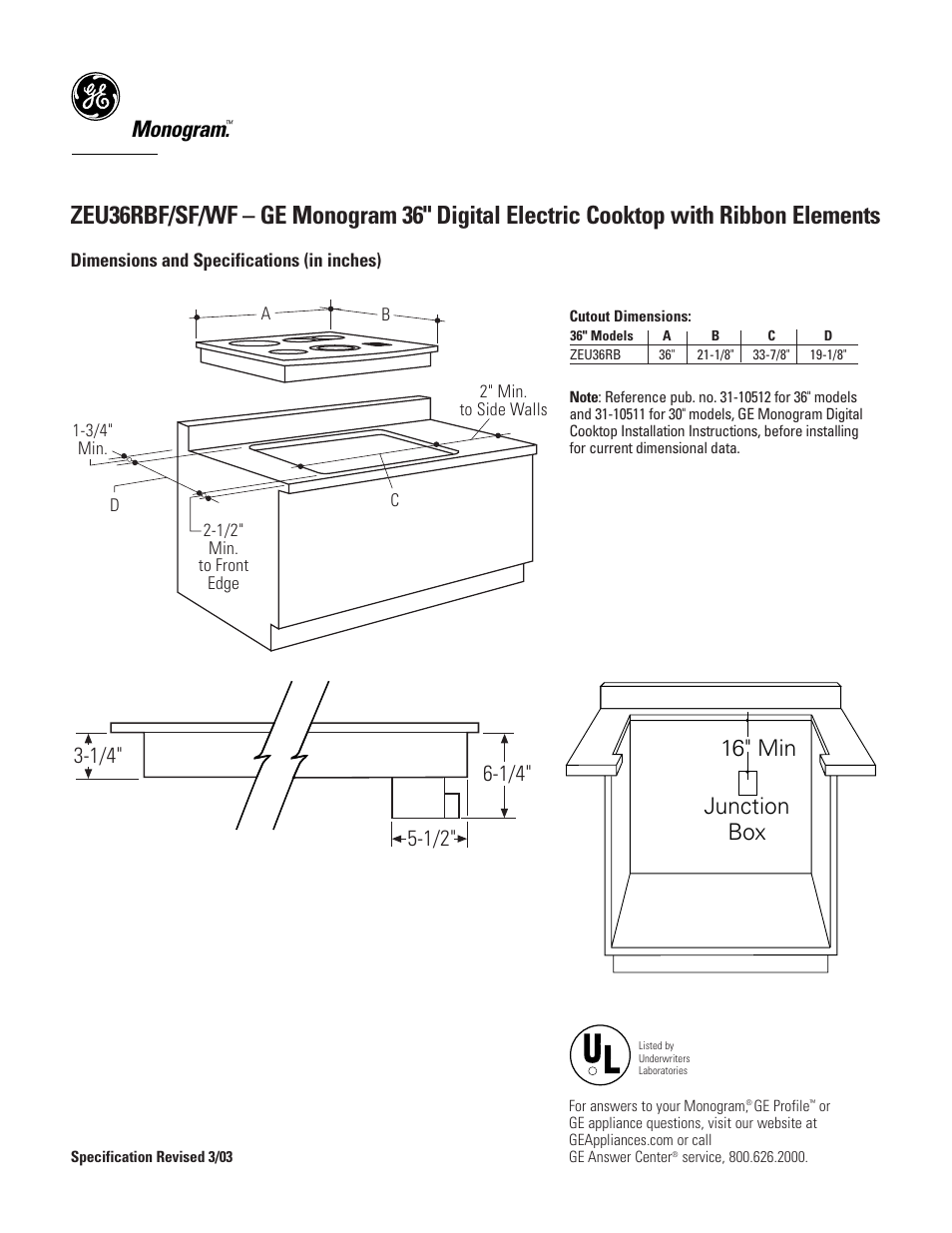 GE Monogram ZEU36RBF User Manual | 2 pages
