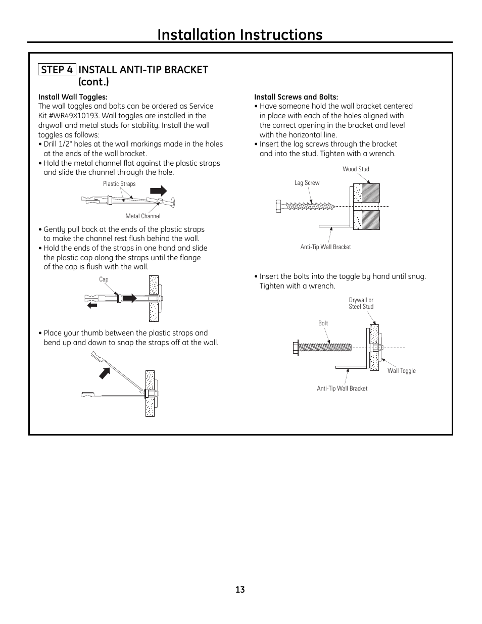 Installation instructions, Step 4 install anti-tip bracket (cont.) | GE Monogram Built-In All-Refrigerator/Freezer User Manual | Page 13 / 24