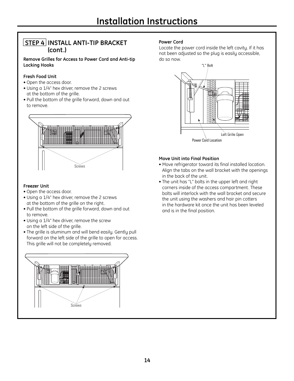 Installation instructions, Step 4 install anti-tip bracket (cont.) | GE Monogram Built-In All-Refrigerator/Freezer User Manual | Page 14 / 24