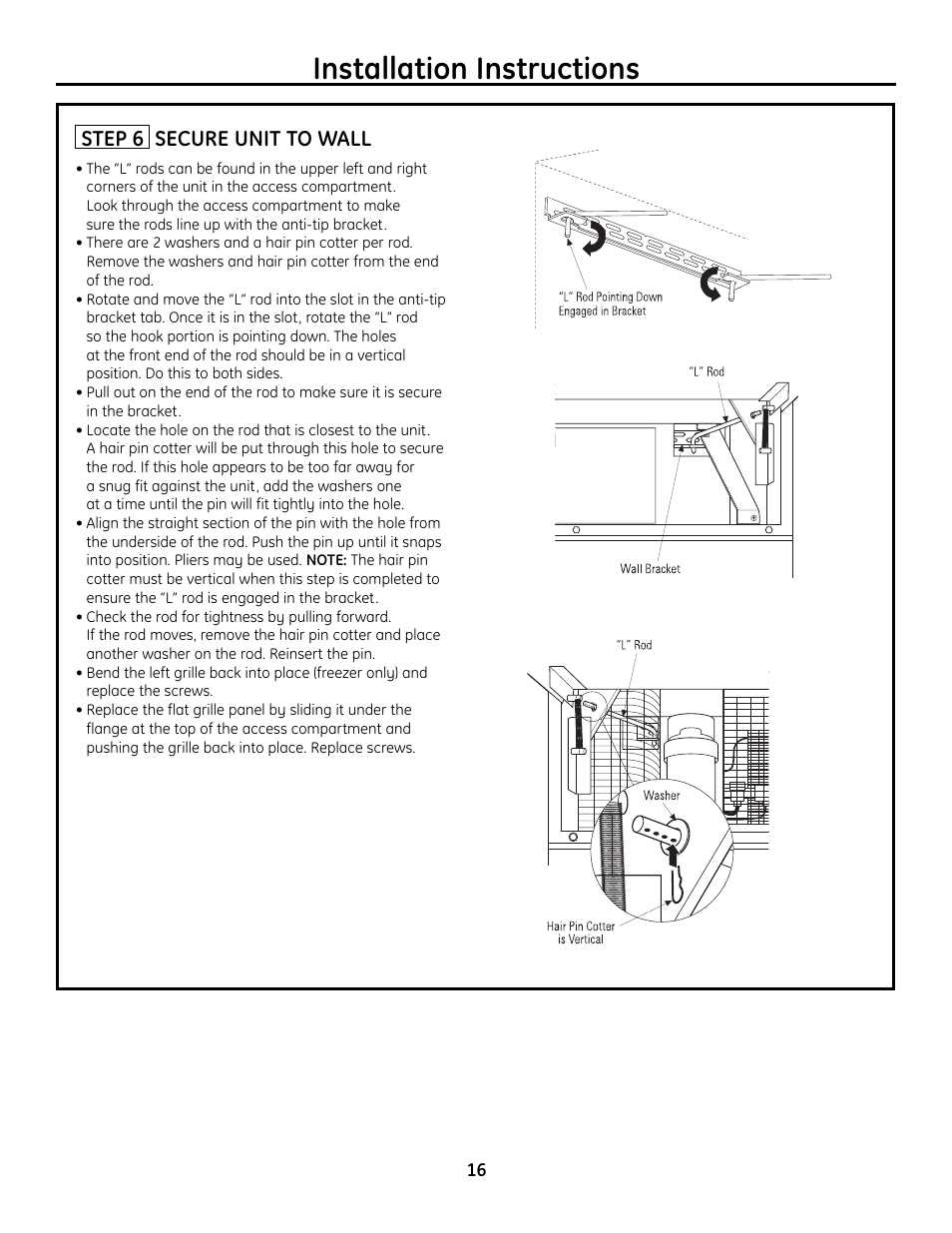 Step 6, secure unit to wall, Installation instructions, Step 6 secure unit to wall | GE Monogram Built-In All-Refrigerator/Freezer User Manual | Page 16 / 24