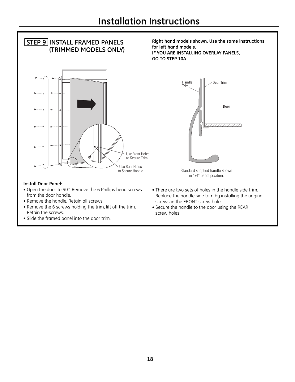 Step 9, install framed panels, Installation instructions, Step 9 install framed panels (trimmed models only) | GE Monogram Built-In All-Refrigerator/Freezer User Manual | Page 18 / 24