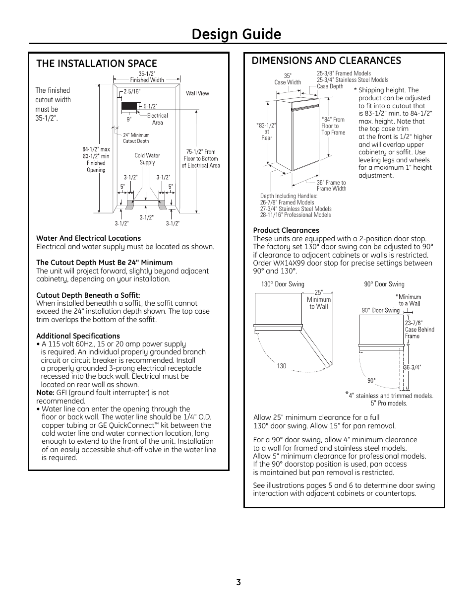 The installation space, Dimensions and clearances, Design guide | GE Monogram Built-In All-Refrigerator/Freezer User Manual | Page 3 / 24