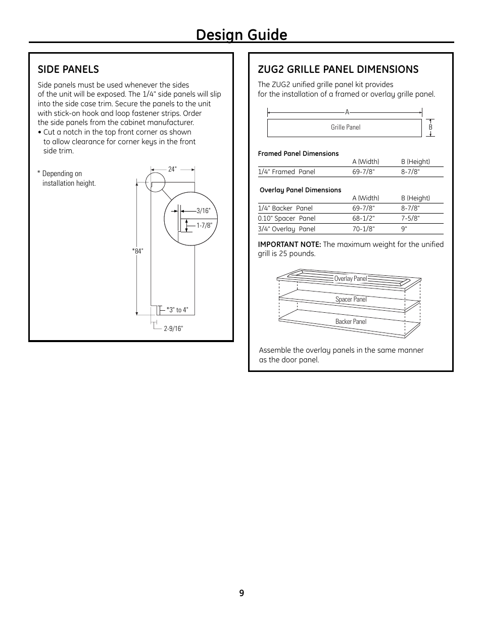 Side panels, Zug2 grille panel dimensions, Side panels zug2 grille panel dimensions | Design guide | GE Monogram Built-In All-Refrigerator/Freezer User Manual | Page 9 / 24