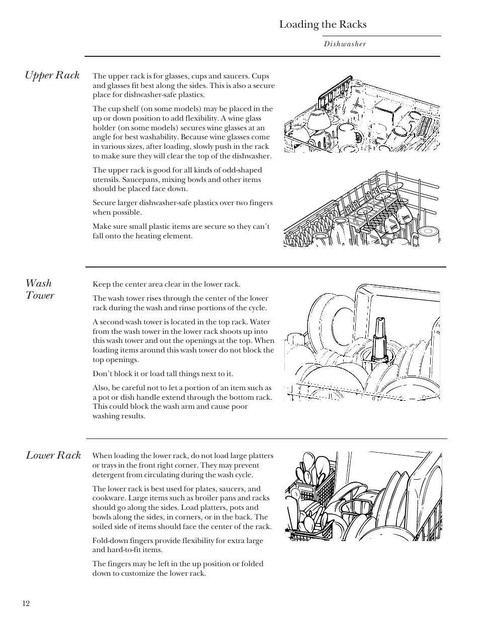 Dishwasher racks, Dishwasher racks , 13, Upper rack | Wash tower, Lower rack, Loading the racks | GE Monogram ZBD3500 User Manual | Page 12 / 24