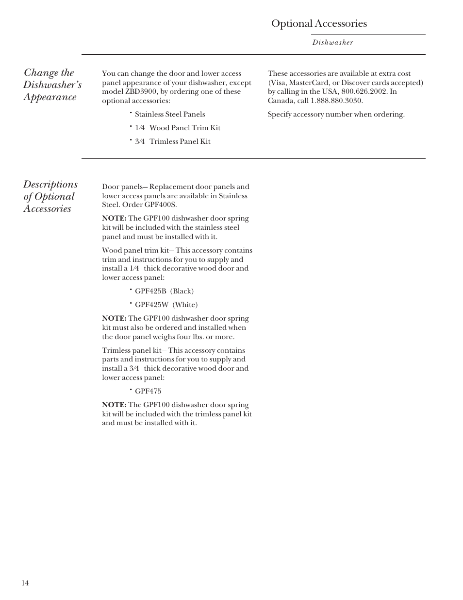 Optional accessories, Change the dishwasher’s appearance, Descriptions of optional accessories | GE Monogram ZBD3500 User Manual | Page 14 / 24