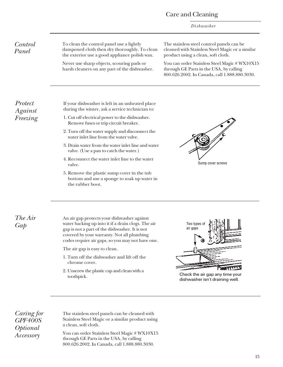 Care and cleaning, Control panel, Protect against freezing | The air gap, Caring for gpf400s optional accessory | GE Monogram ZBD3500 User Manual | Page 15 / 24