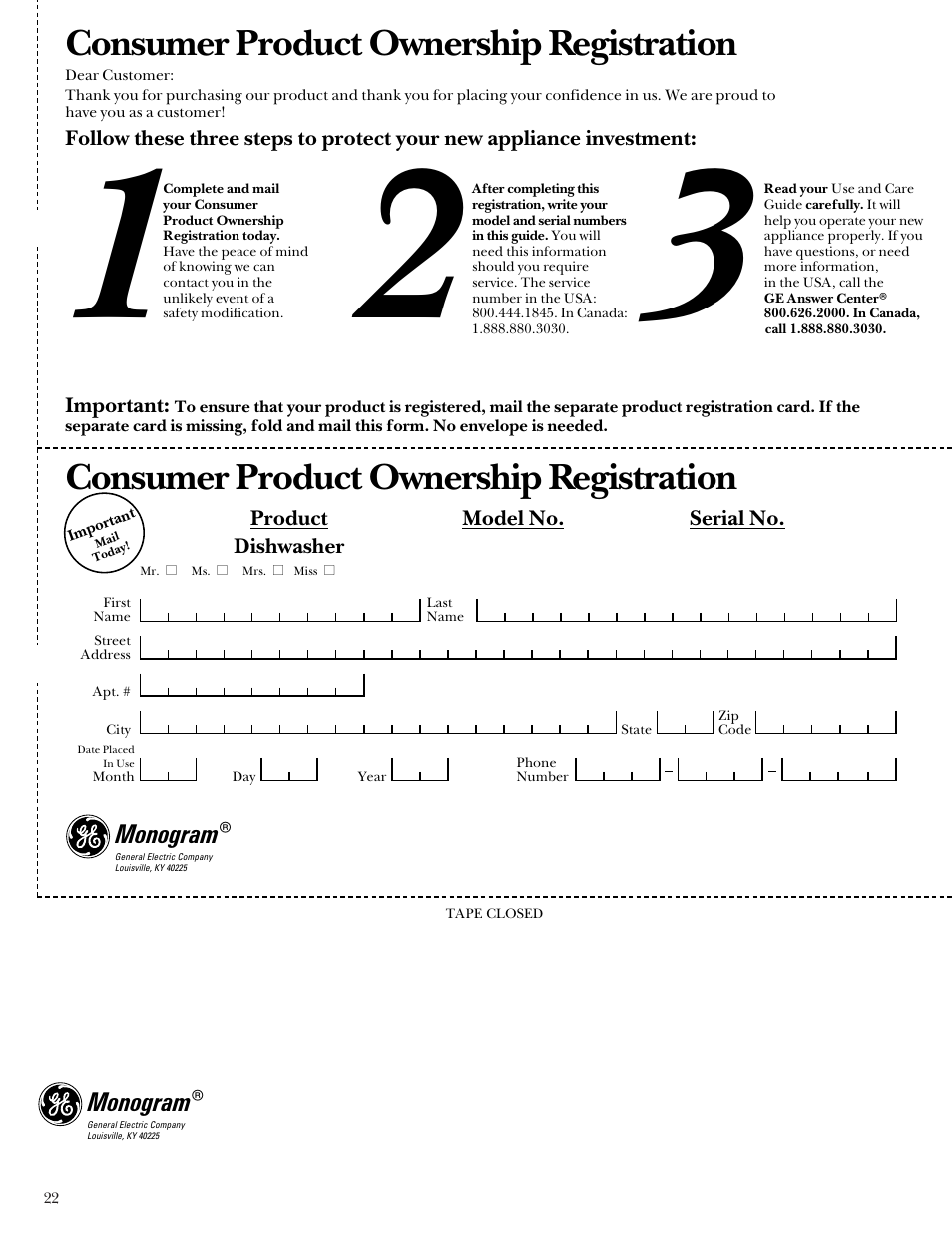 Consumer product ownership registration | GE Monogram ZBD3500 User Manual | Page 22 / 24