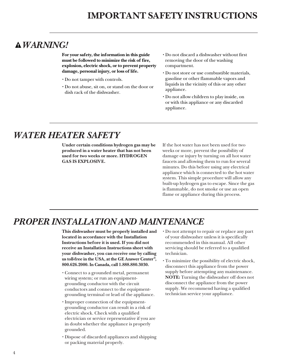 Safety instructions, Safety instructions , 5, Important safety instructions water heater safety | Proper installation and maintenance, Warning | GE Monogram ZBD3500 User Manual | Page 4 / 24