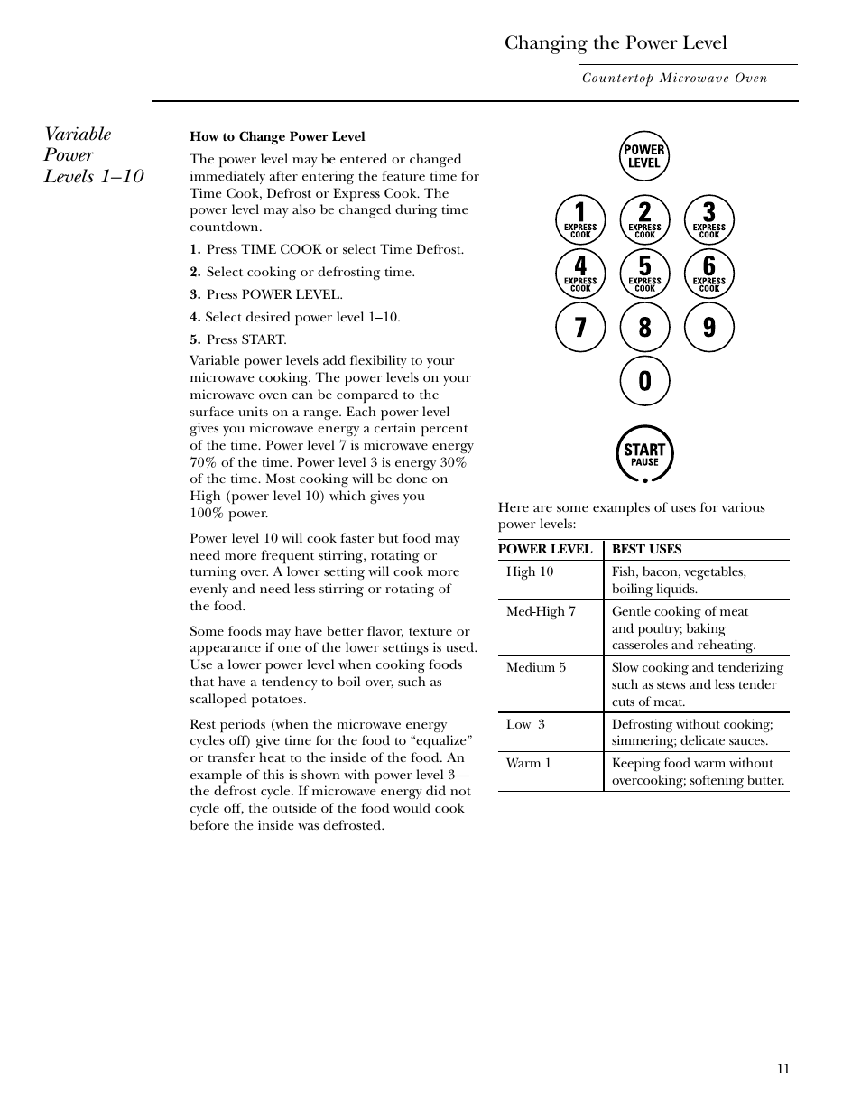 Power levels, Changing the power level, Variable power levels 1–10 | GE Monogram ZEM200 User Manual | Page 11 / 28