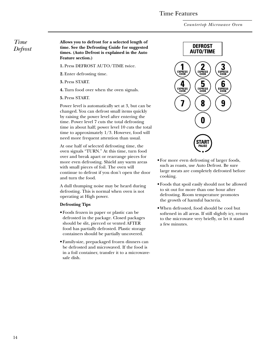 Time defrost, Time defrost , 15, Time features | GE Monogram ZEM200 User Manual | Page 14 / 28