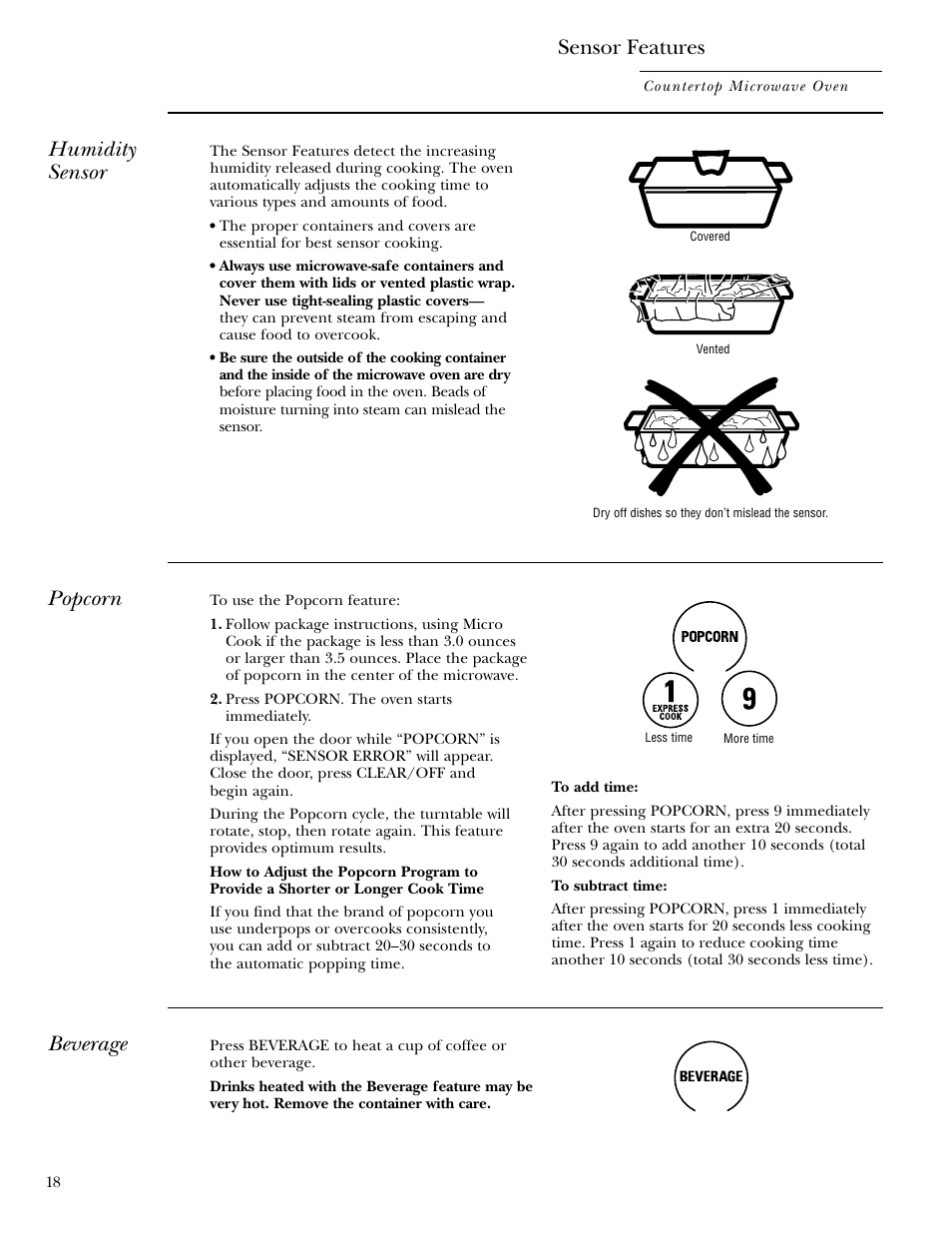 Sensor features, Beverage, Popcorn | Sensor features , 19, Humidity sensor | GE Monogram ZEM200 User Manual | Page 18 / 28