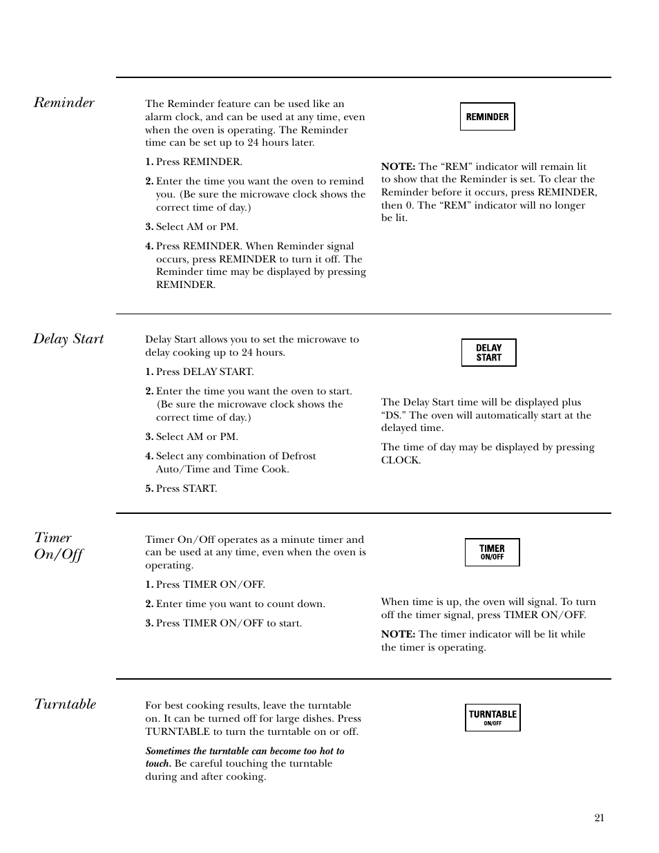 Delay start, Reminder, Timer on/off | Turntable, Timer on/off turntable | GE Monogram ZEM200 User Manual | Page 21 / 28