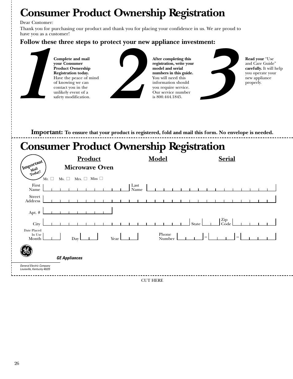 Consumer product ownership registration | GE Monogram ZEM200 User Manual | Page 26 / 28