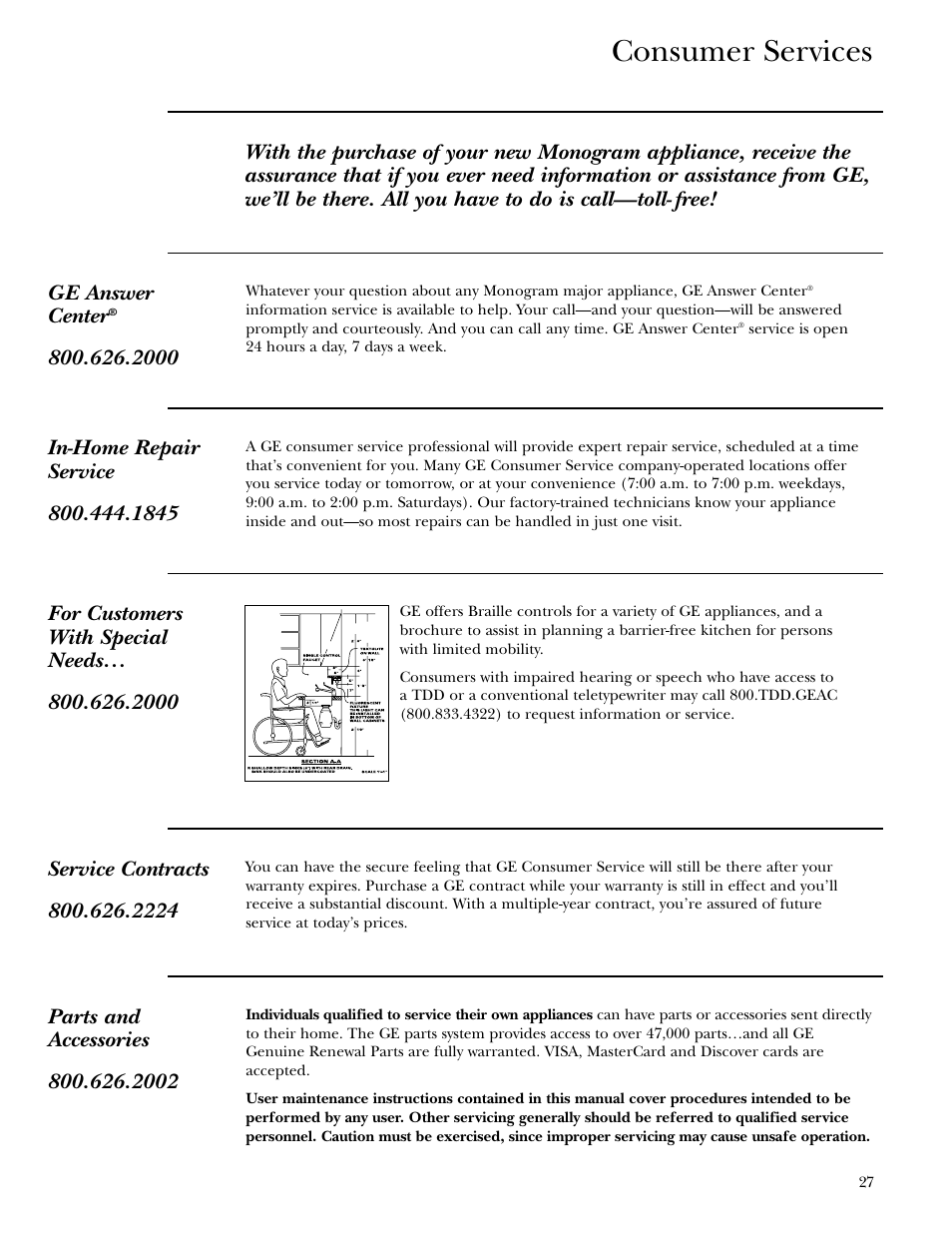 Consumer services, Consumer services , 27 | GE Monogram ZEM200 User Manual | Page 27 / 28