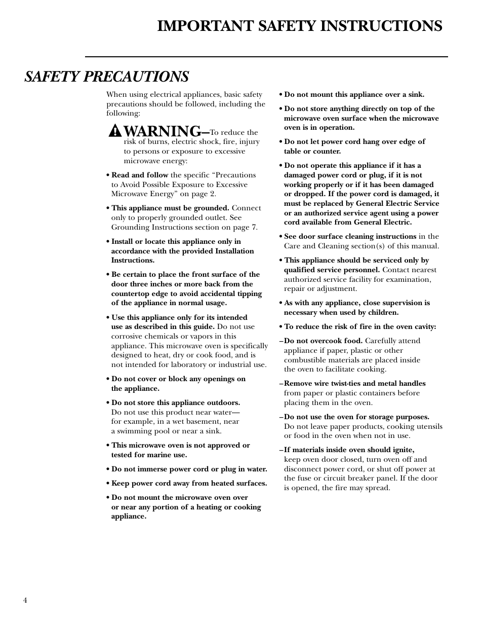 Safety instructions, Safety instructions –8, Important safety instructions safety precautions | Warning | GE Monogram ZEM200 User Manual | Page 4 / 28