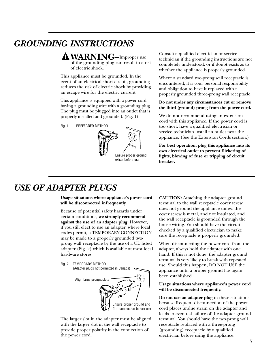 Adapter plugs, Grounding instructions, Grounding instructions warning | Use of adapter plugs | GE Monogram ZEM200 User Manual | Page 7 / 28
