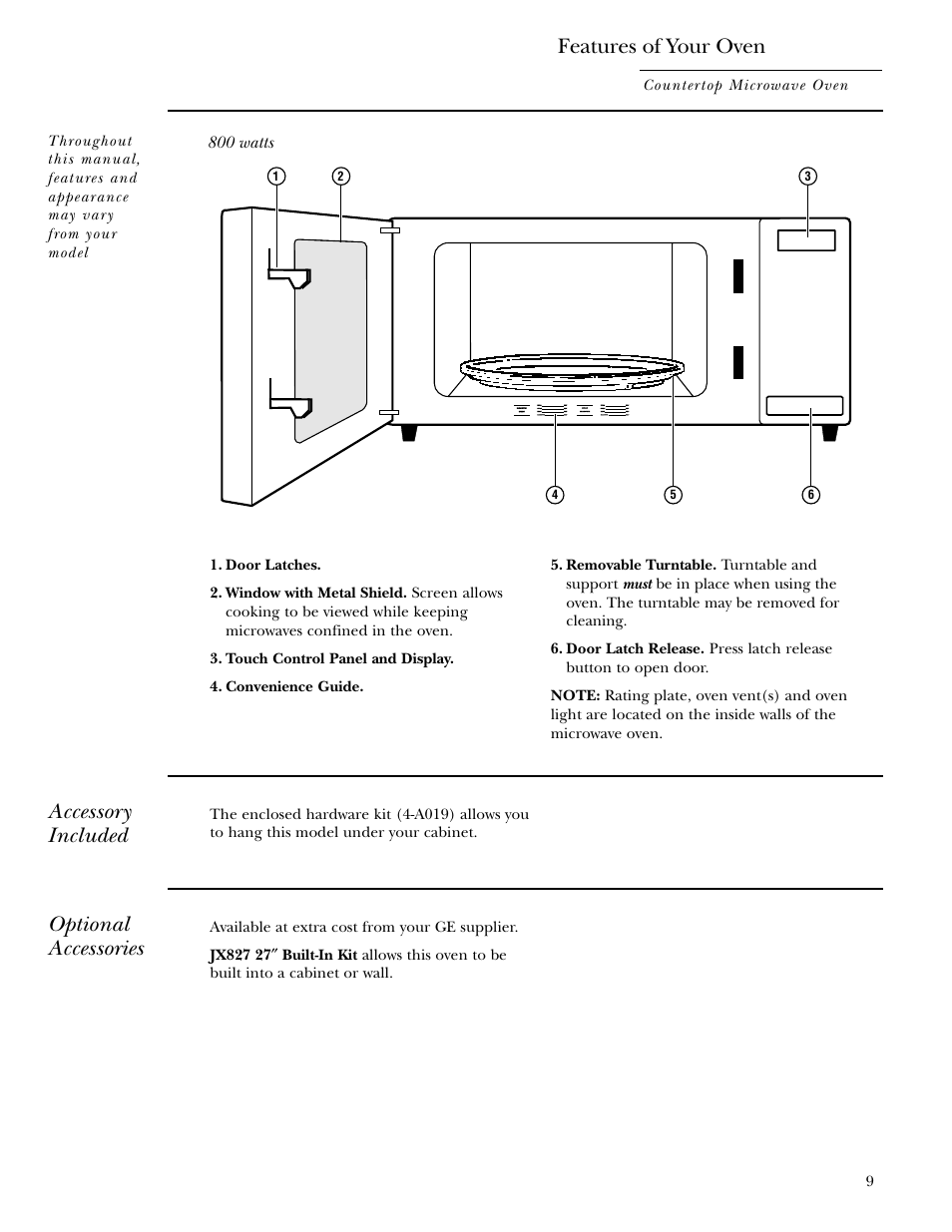Features of your oven, Accessory included, Optional accessories | GE Monogram ZEM200 User Manual | Page 9 / 28
