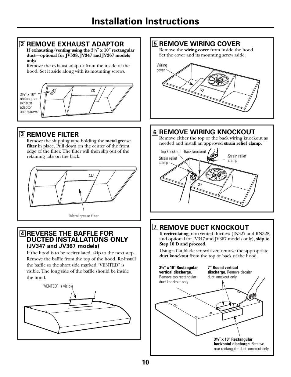 Installation instructions, 10 remove exhaust adaptor, Remove filter | Reverse the baffle for ducted installations only, Remove wiring cover, Remove wiring knockout, Remove duct knockout | GE Monogram JN327 User Manual | Page 10 / 16