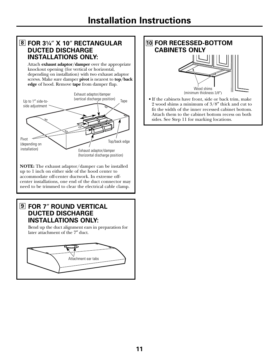 Installation instructions, 11 for 3, For recessed-bottom cabinets only | GE Monogram JN327 User Manual | Page 11 / 16