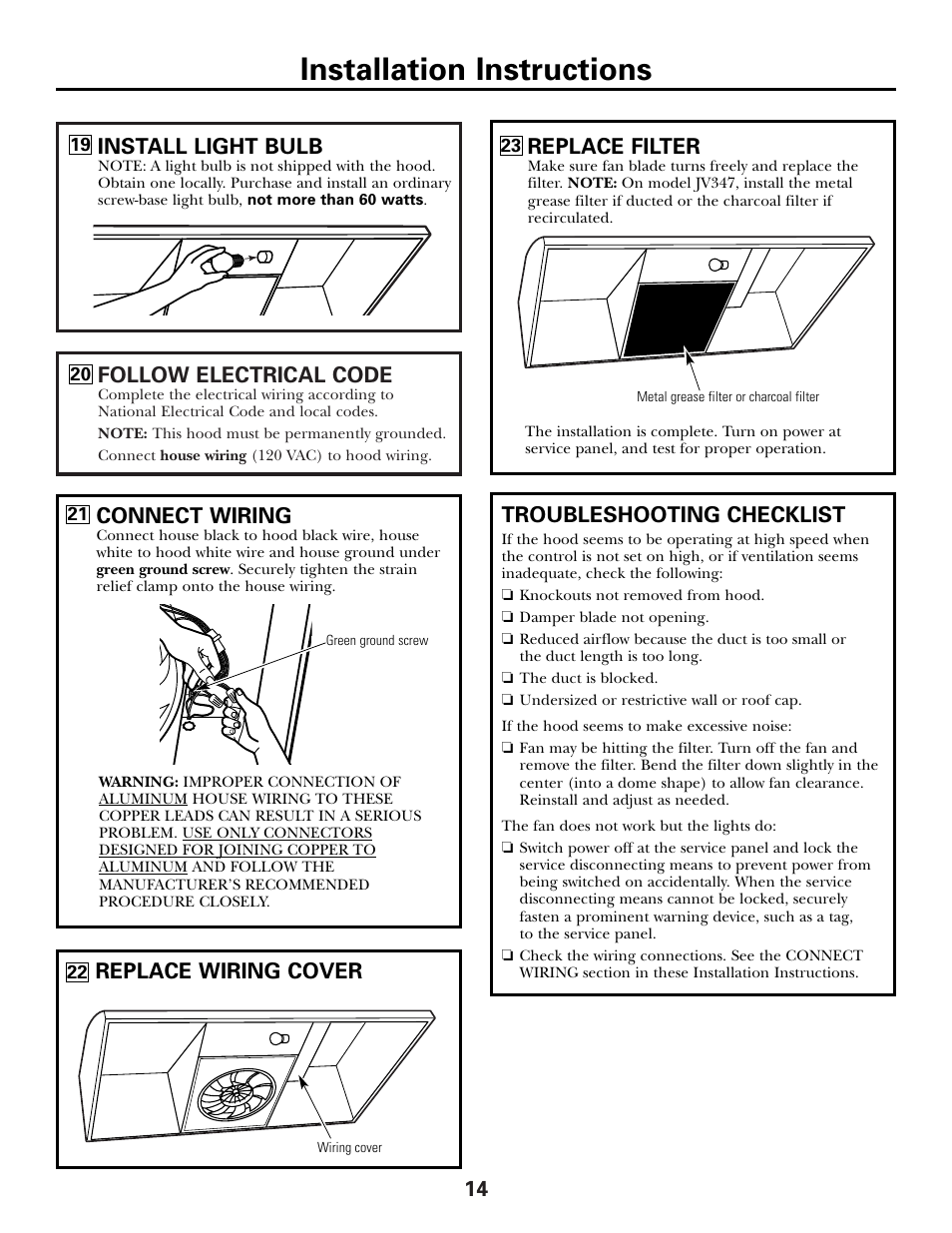 Installation instructions, 14 follow electrical code, Install light bulb | Troubleshooting checklist, Replace wiring cover connect wiring, Replace filter | GE Monogram JN327 User Manual | Page 14 / 16