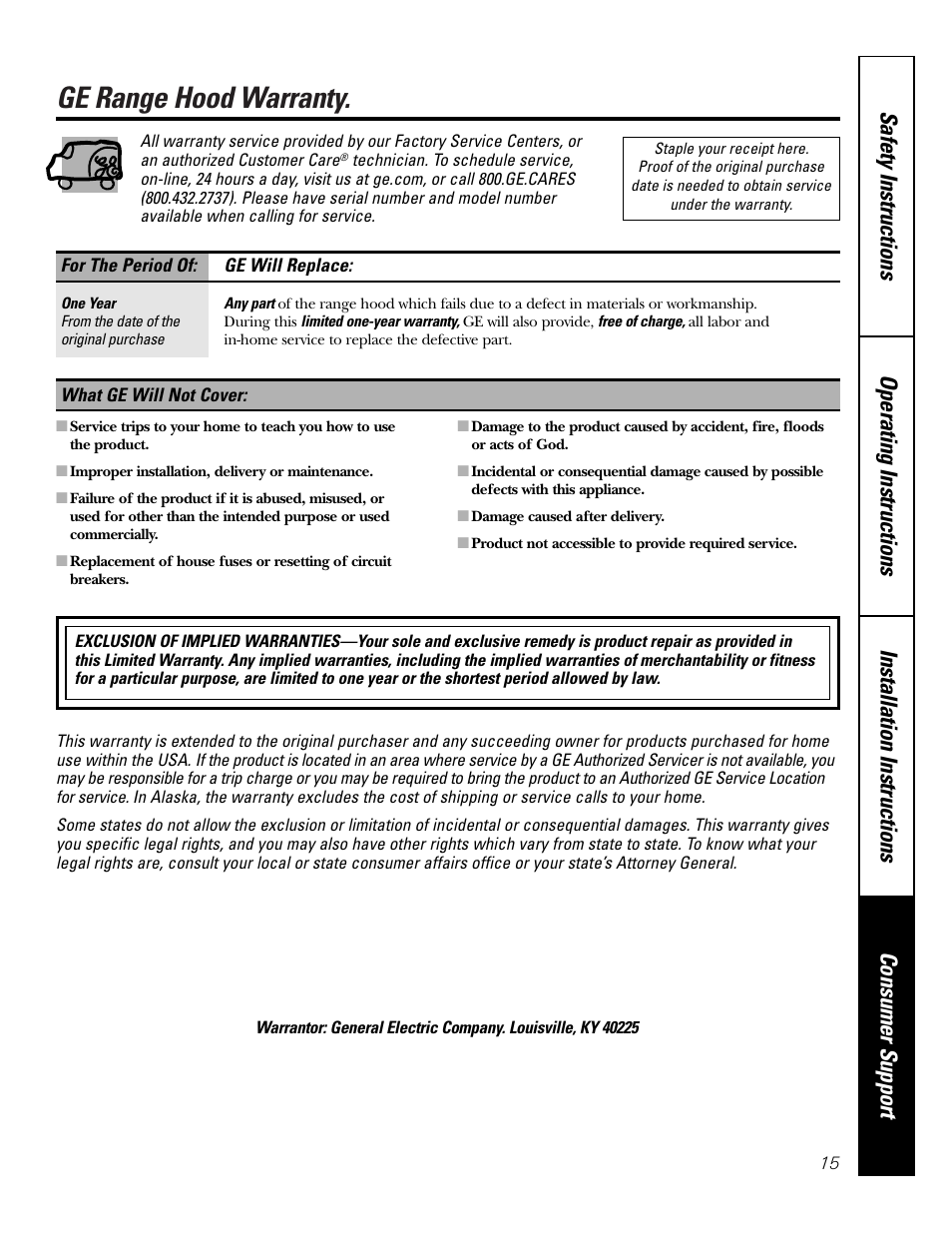 Warranty, Ge range hood warranty | GE Monogram JN327 User Manual | Page 15 / 16