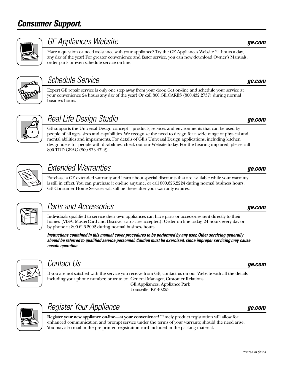 Consumer support, Consumer support . . .back cover, Consumer support. ge appliances website | Schedule service, Real life design studio, Extended warranties, Parts and accessories, Contact us, Register your appliance | GE Monogram JN327 User Manual | Page 16 / 16