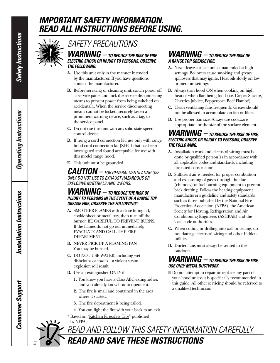 Safety information, Caution, Warning | GE Monogram JN327 User Manual | Page 2 / 16