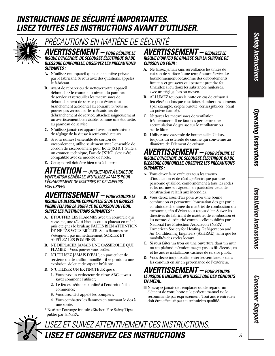 Attention, Avertissement | GE Monogram JN327 User Manual | Page 3 / 16