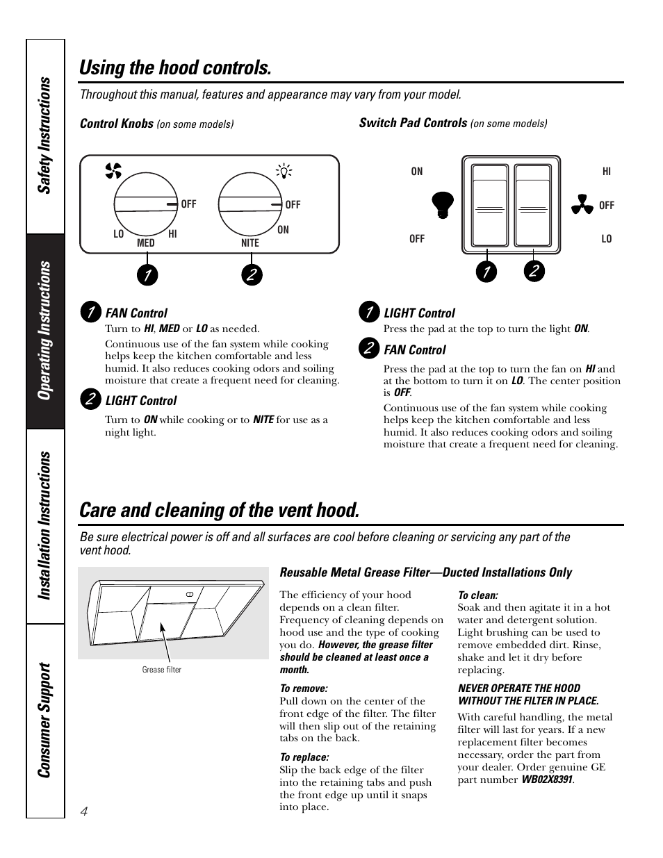 Grease filter, Controls, Using the hood controls | Care and cleaning of the vent hood | GE Monogram JN327 User Manual | Page 4 / 16