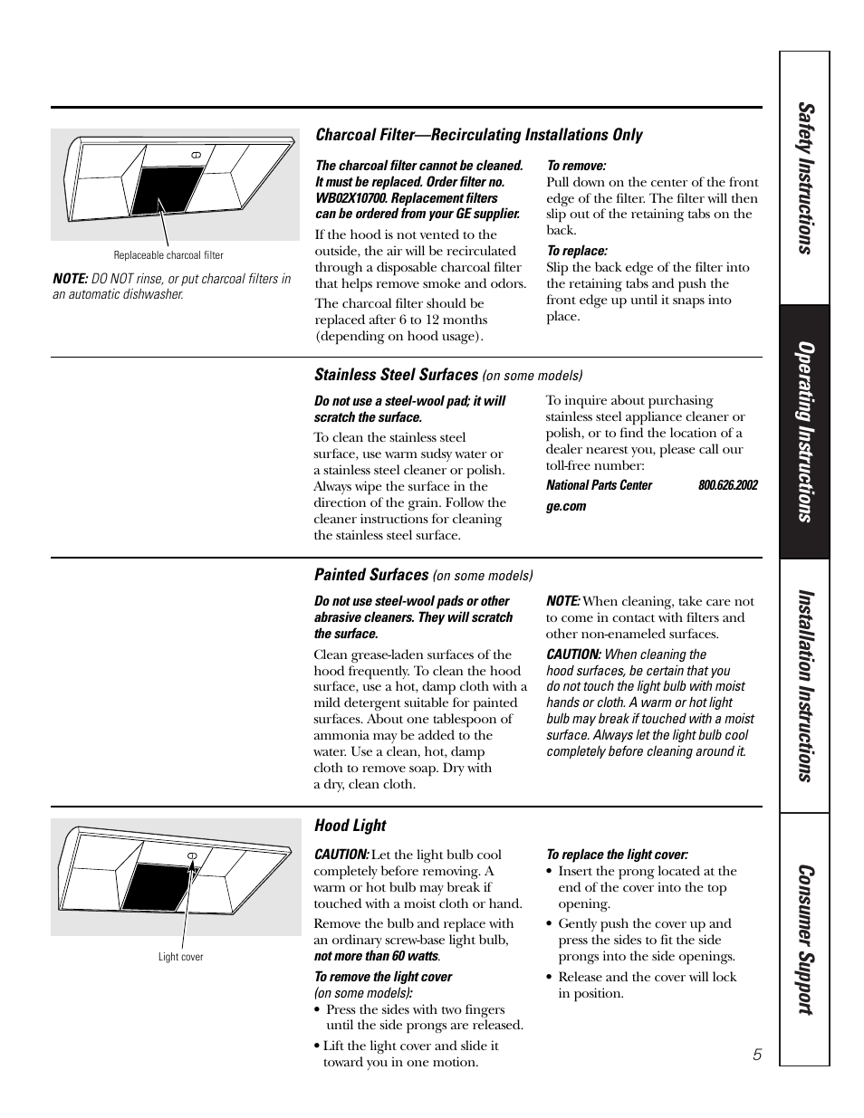 Charcoal filter, Hood light, Hood surfaces | Hood light hood surfaces | GE Monogram JN327 User Manual | Page 5 / 16