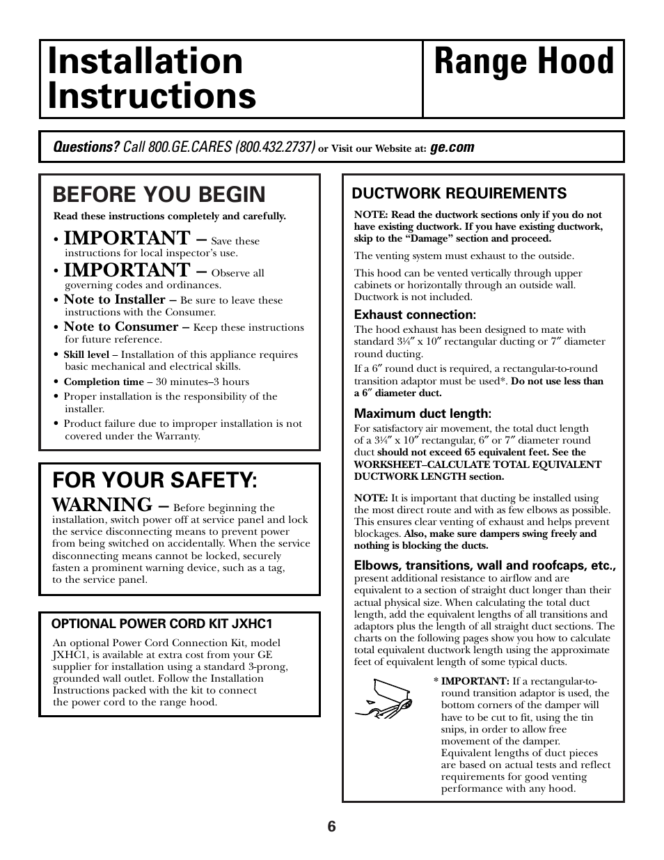 Installation instructions, Installation range hood instructions, Before you begin | For your safety, Important, Warning | GE Monogram JN327 User Manual | Page 6 / 16