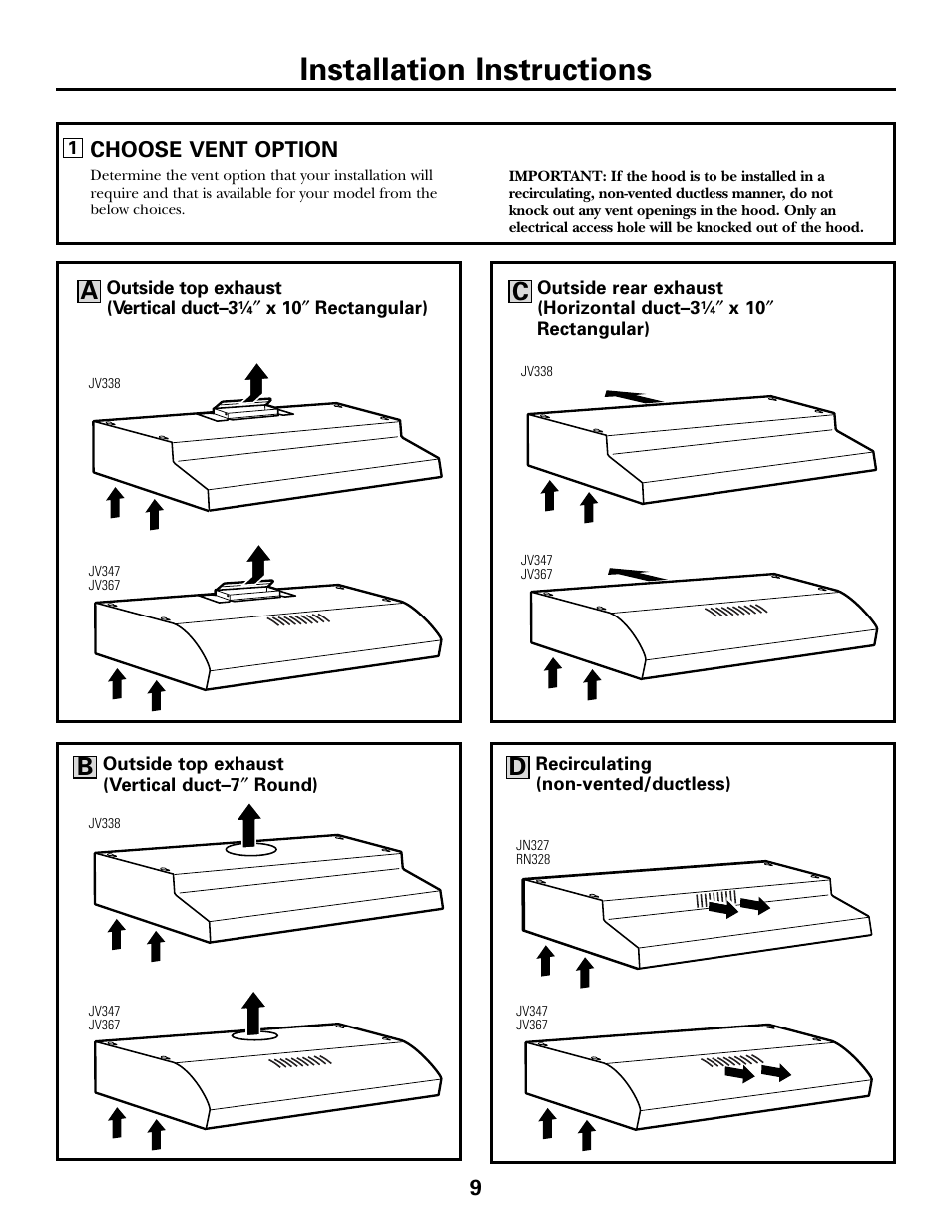 Installation instructions, Ac b, Choose vent option | GE Monogram JN327 User Manual | Page 9 / 16