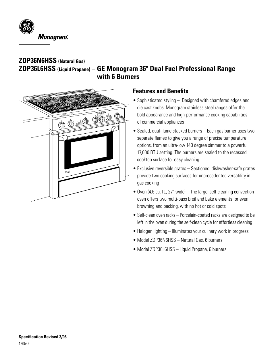 Zdp36n6hss, Zdp36l6hss, Features and benefits | GE Monogram zDP36L6hSS User Manual | Page 3 / 3