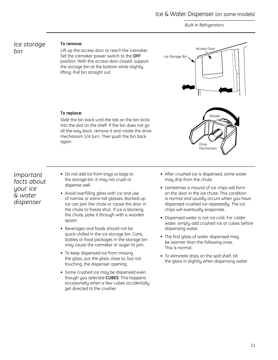 Ice storage bin, Important facts about your ice & water dispenser, Ice & water dispenser | GE Monogram Side-by-Side Built-In Refrigerators User Manual | Page 11 / 32