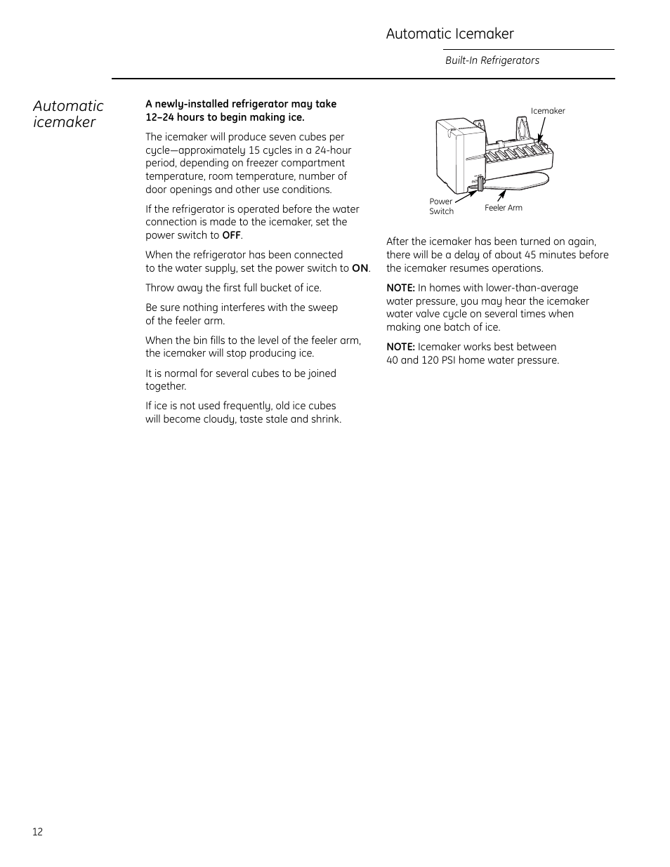 Automatic icemaker | GE Monogram Side-by-Side Built-In Refrigerators User Manual | Page 12 / 32