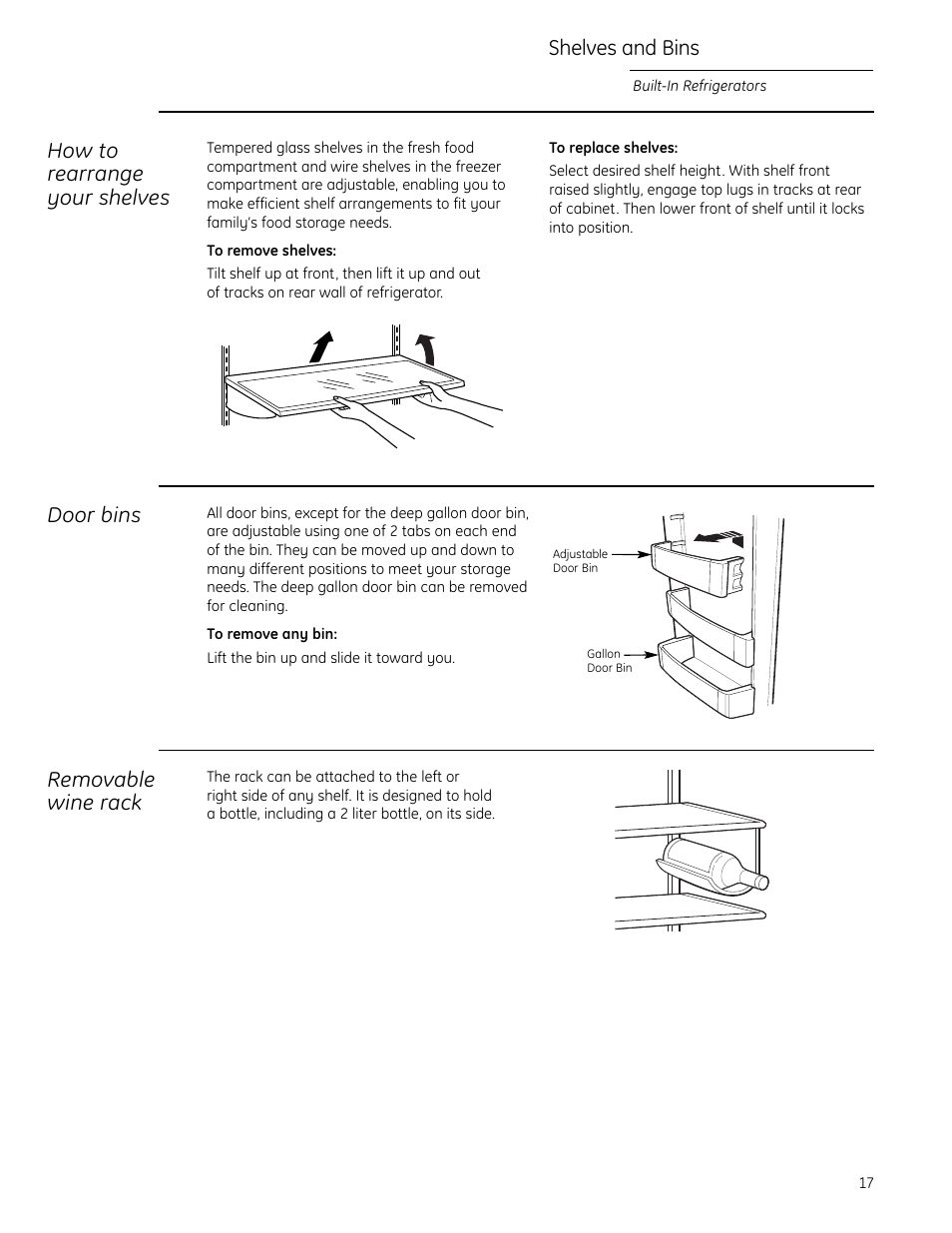 Shelves and bins, Shelves and bins , 18, How to rearrange your shelves | Door bins, Removable wine rack | GE Monogram Side-by-Side Built-In Refrigerators User Manual | Page 17 / 32