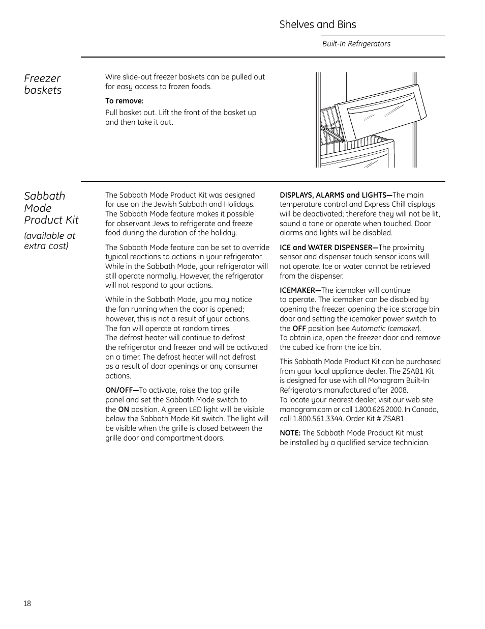 Sabbath mode product kit, zsab1, Freezer baskets, Shelves and bins | Sabbath mode product kit | GE Monogram Side-by-Side Built-In Refrigerators User Manual | Page 18 / 32