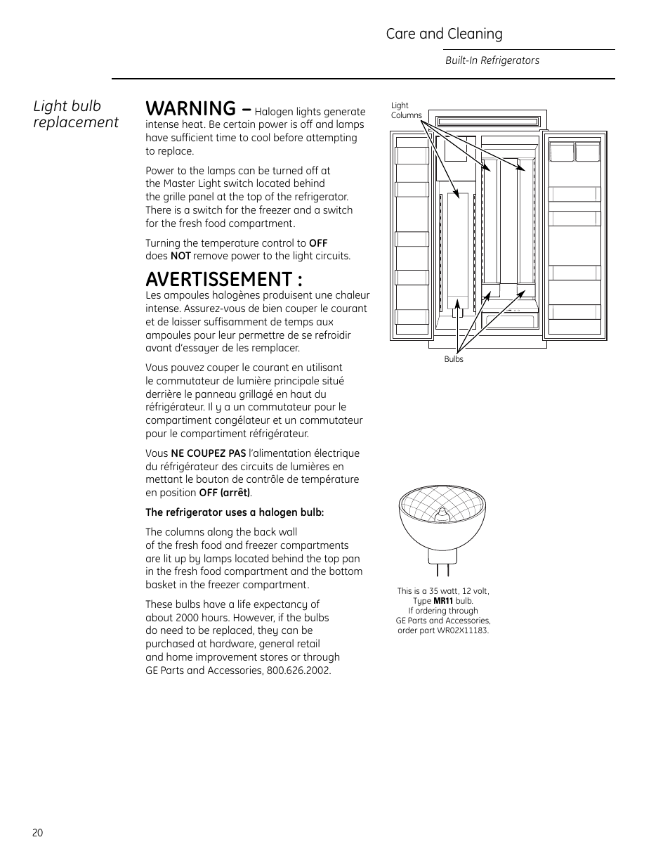 Light bulb replacement, Light bulb replacement –21, Warning | Avertissement, Light bulb replacement care and cleaning | GE Monogram Side-by-Side Built-In Refrigerators User Manual | Page 20 / 32