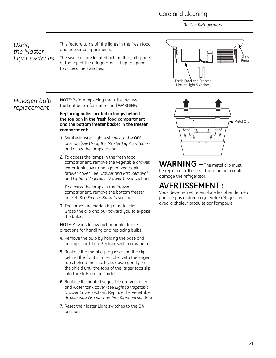 Master light switch, Warning, Avertissement | Using the master light switches, Halogen bulb replacement, Care and cleaning | GE Monogram Side-by-Side Built-In Refrigerators User Manual | Page 21 / 32