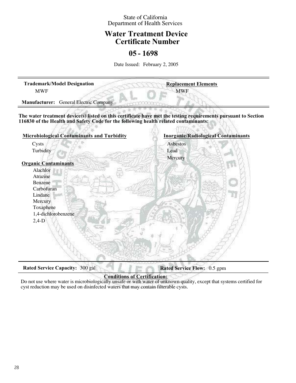 Water treatment device certificate number | GE Monogram Side-by-Side Built-In Refrigerators User Manual | Page 28 / 32
