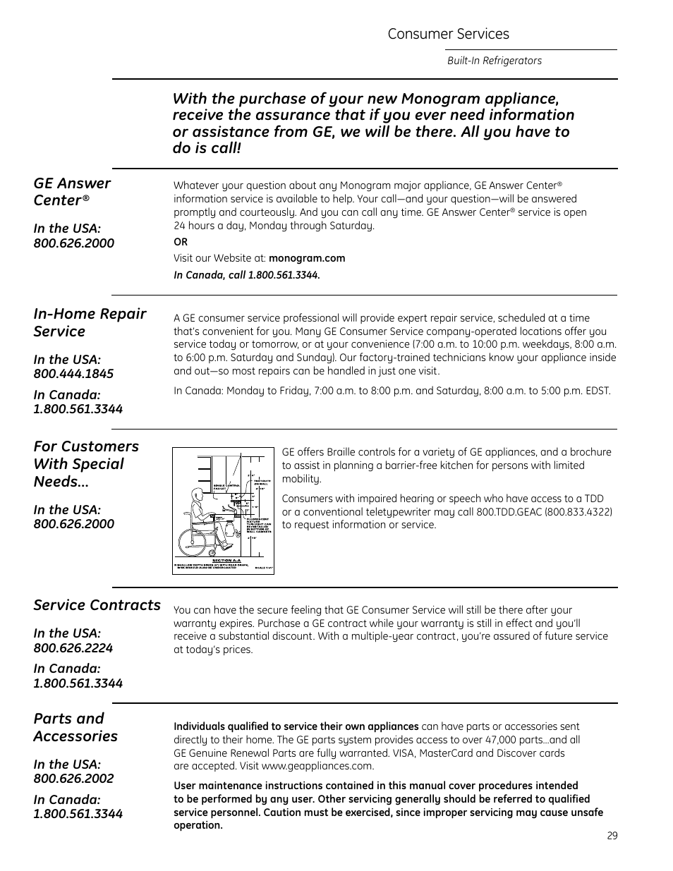 Important phone numbers, In-home repair service, Service contracts | Parts and accessories, For customers with special needs, Consumer services | GE Monogram Side-by-Side Built-In Refrigerators User Manual | Page 29 / 32